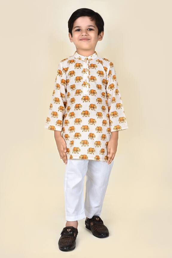 Pankhuri by Priyanka Yellow Elephant Print Kurta And Pant Set For Boys 0