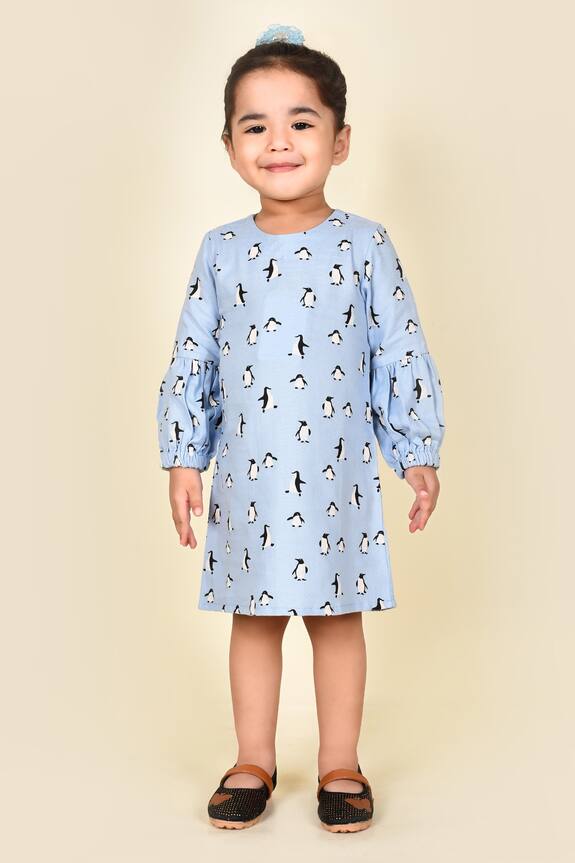 Pankhuri by Priyanka Blue Penguin Print Dress For Girls 0
