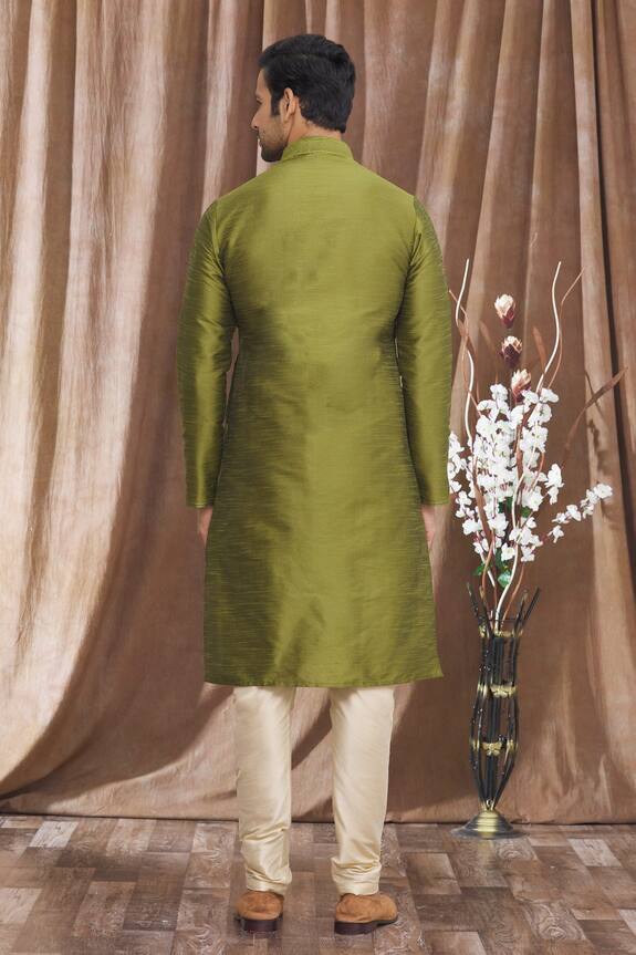 Khwaab by Sanjana Lakhani- Men Green Banarasi Art Silk Embroidered Placket Kurta And Churidar Pant Set 2