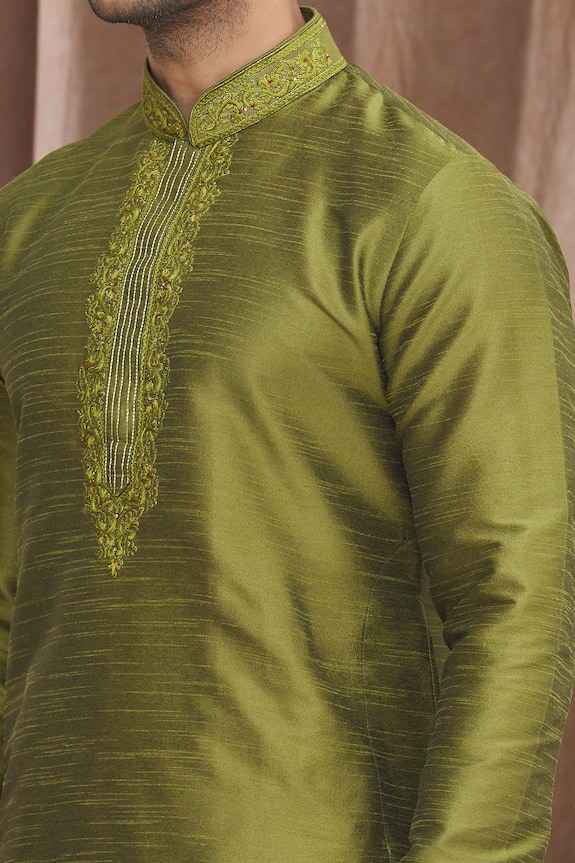 Khwaab by Sanjana Lakhani- Men Green Banarasi Art Silk Embroidered Placket Kurta And Churidar Pant Set 5