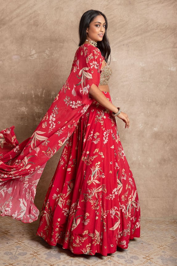Arpita Mehta Red Crepe Silk Floral Print Cape And Sharara Set 2
