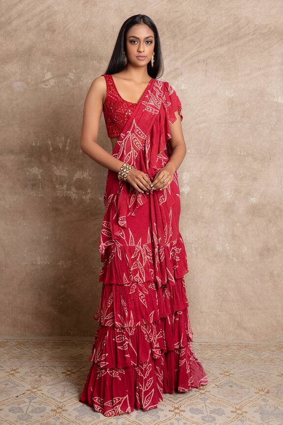 Arpita Mehta Red Georgette Leaf Print Pre-draped Saree Set 1