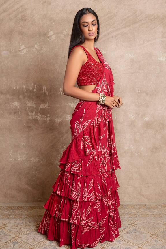 Arpita Mehta Red Georgette Leaf Print Pre-draped Saree Set 3
