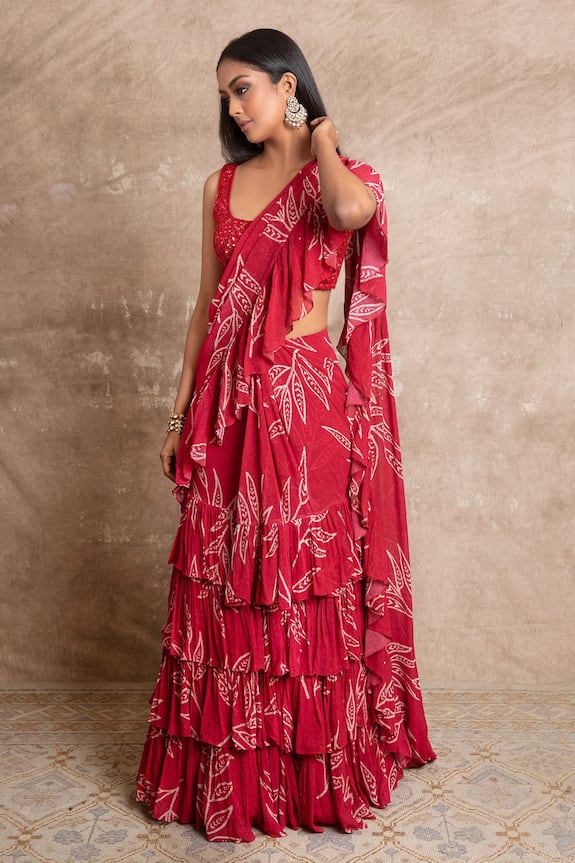 Arpita Mehta Red Georgette Leaf Print Pre-draped Saree Set 4
