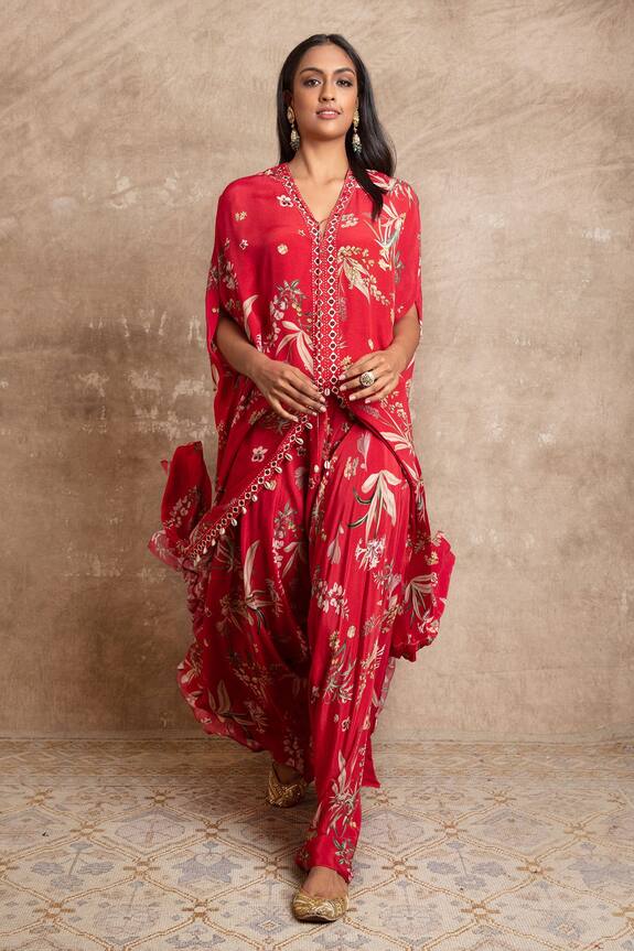 Arpita Mehta Red Crepe Silk Floral Print Kaftan And Pant Set 1