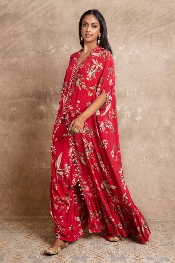 Arpita Mehta Red Crepe Silk Floral Print Kaftan And Pant Set 3
