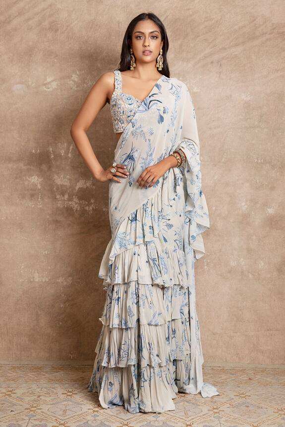 Arpita Mehta Blue Georgette Floral Print Pre-draped Saree Set 4