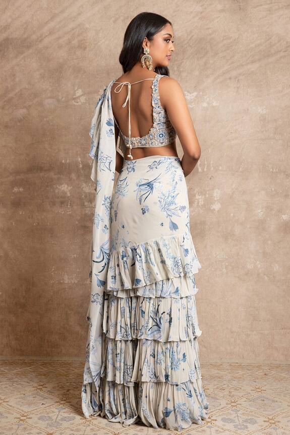 Arpita Mehta Blue Georgette Floral Print Pre-draped Saree Set 2