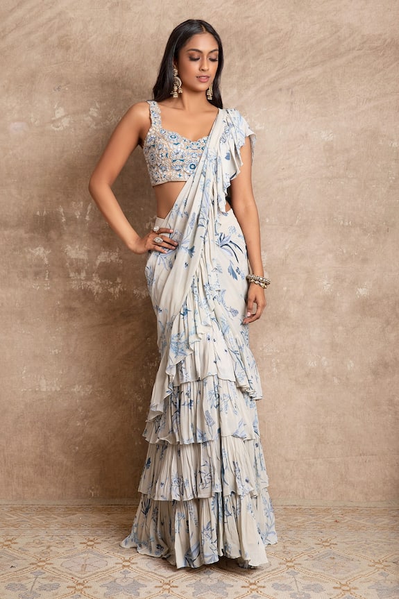 Arpita Mehta Blue Georgette Floral Print Pre-draped Saree Set 1
