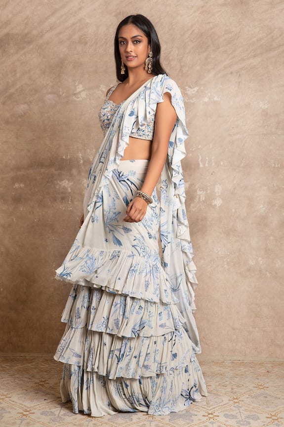 Arpita Mehta Blue Georgette Floral Print Pre-draped Saree Set 5