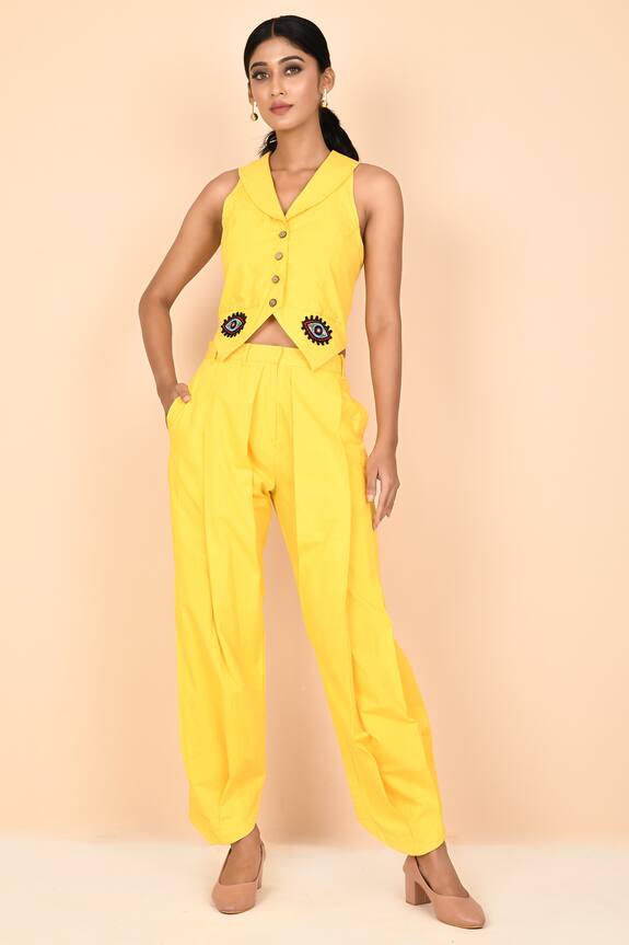 Aryavir Malhotra Yellow Cotton Shawl Collar Top And Pant Set 0
