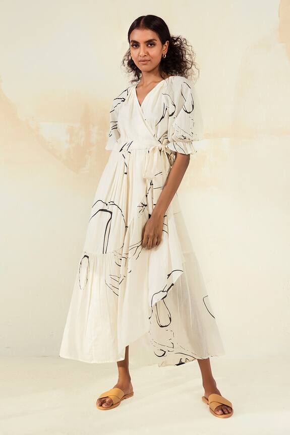 Buy Kharakapas White Cotton Printed Wrap Dress Online | Aza Fashions