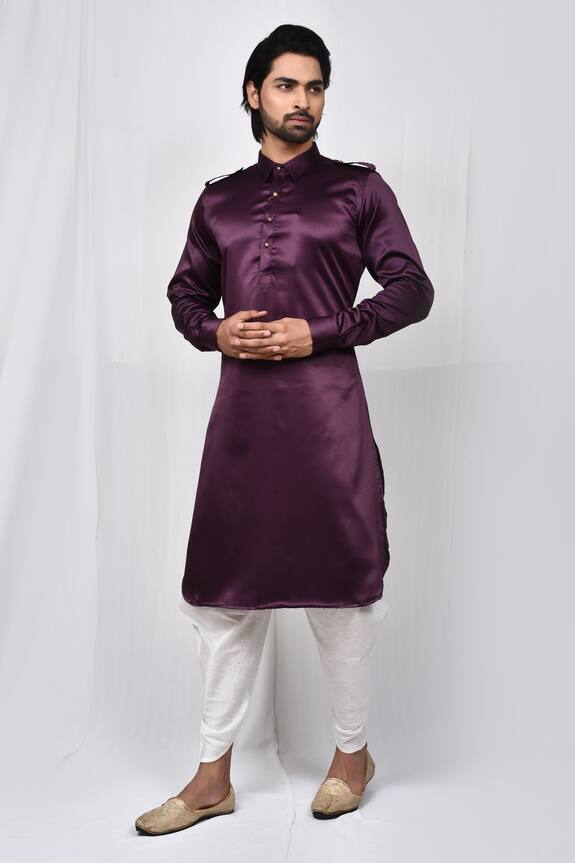 Aryavir Malhotra Purple Satin Silk Cuff Sleeve Pathani Kurta Set 1