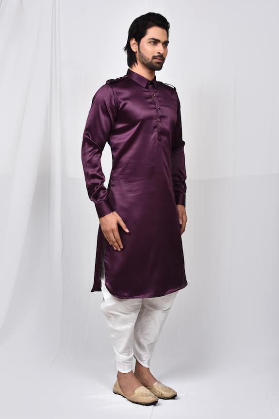 Aryavir Malhotra Purple Satin Silk Cuff Sleeve Pathani Kurta Set 3