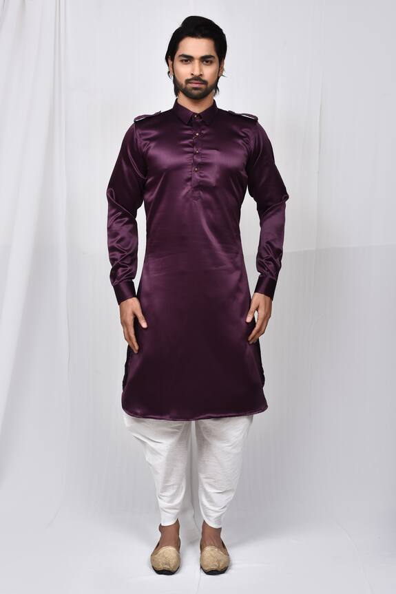 Aryavir Malhotra Purple Satin Silk Cuff Sleeve Pathani Kurta Set 4