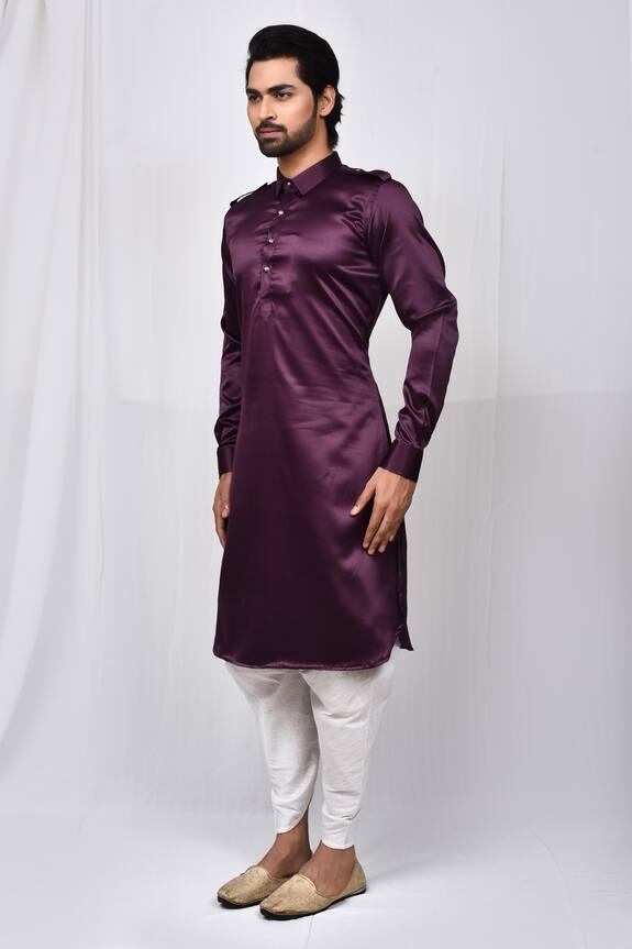 Aryavir Malhotra Purple Satin Silk Cuff Sleeve Pathani Kurta Set 5