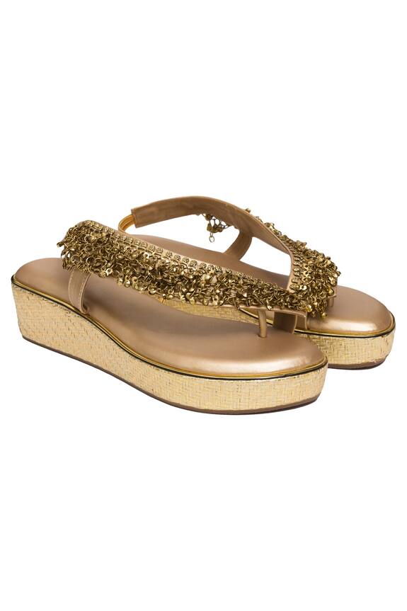 Kkarma Gold Silk Ghungroo Embellished Platform Sandals 0