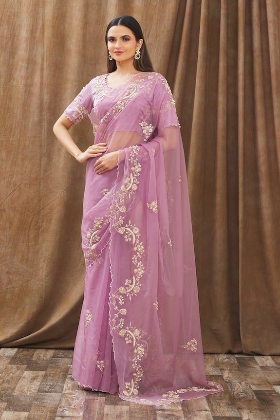 Gaurav Katta Purple Organza Floral Embroidered Saree With Blouse 1