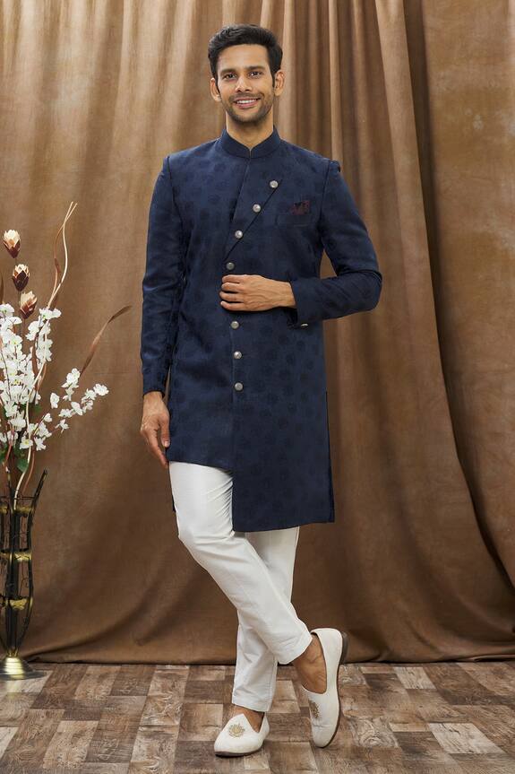 Arihant Rai Sinha Blue Heavy Imported Jacquard Woven Asymmetric Sherwani Set 0