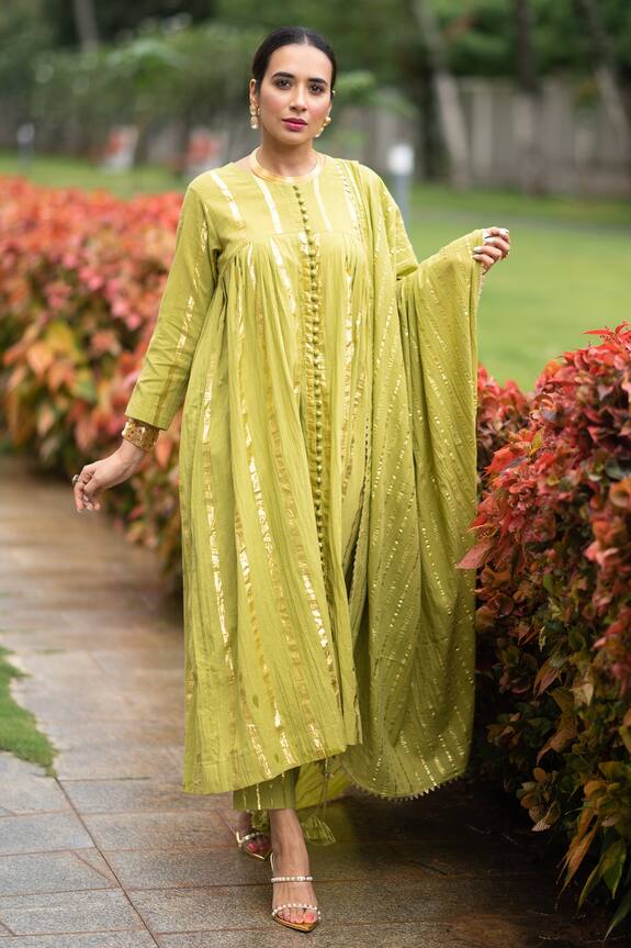 Buy Musal Green Padmini Cotton Striped Anarkali Set Online | Aza Fashions
