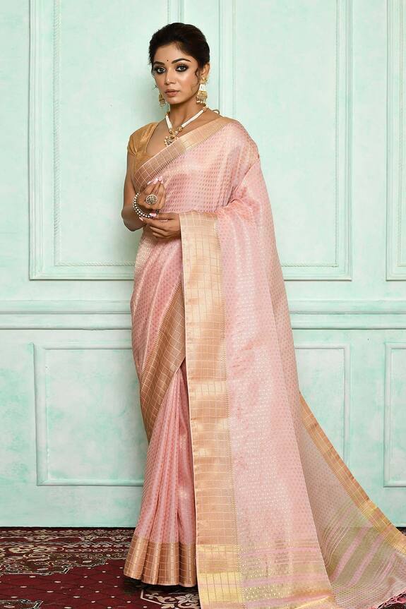 Arihant Rai Sinha Pink Checked Zari Linen Saree 0