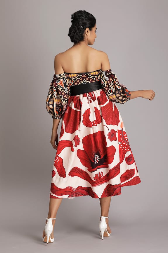 Shop_Alpona Designs_Pink Bamberg Satin Hibiscus Print Skirt_at_Aza_Fashions
