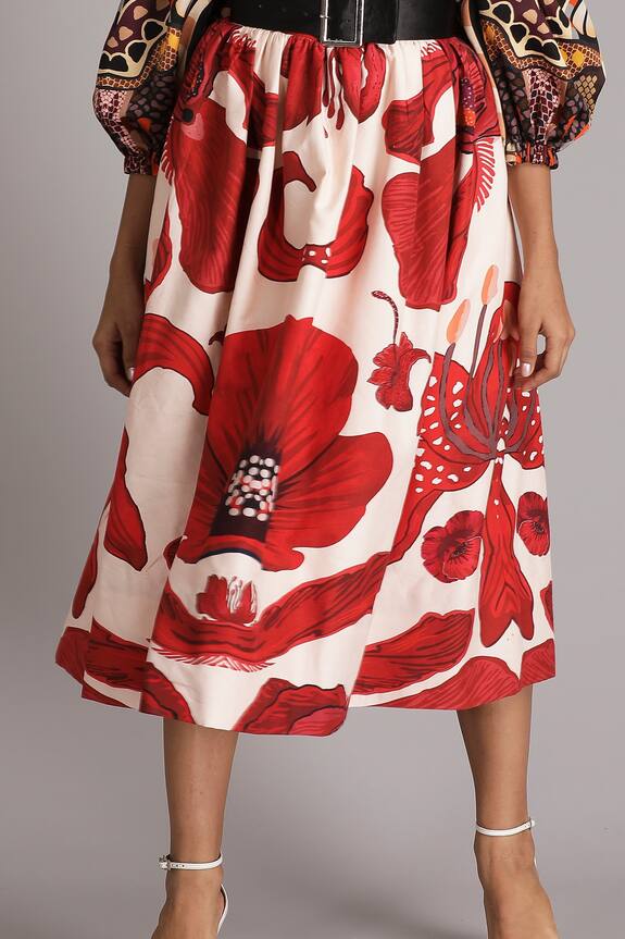 Alpona Designs_Pink Bamberg Satin Hibiscus Print Skirt_Online_at_Aza_Fashions