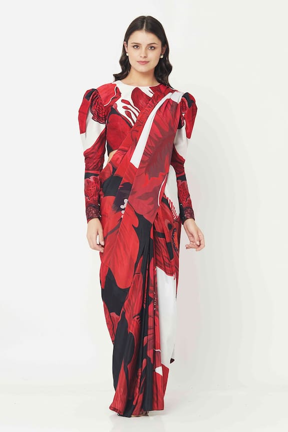 Alpona Designs Red Natural Crepe Hibiscus Print Saree 1