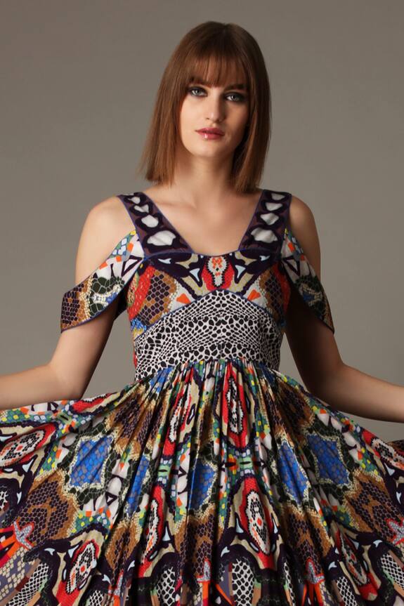 Alpona Designs Blue Italian Muslin Snake Print Cold Shoulder Dress 4