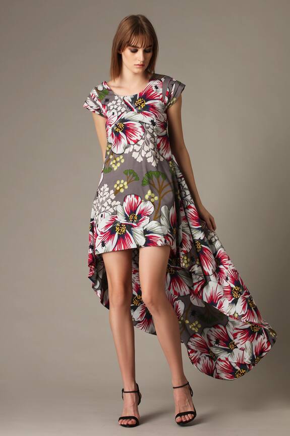 Alpona Designs Grey Cotton Floral Print High Low Dress 1