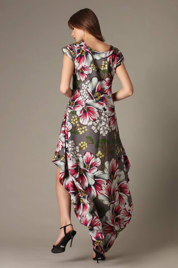 Alpona Designs Grey Cotton Floral Print High Low Dress 2