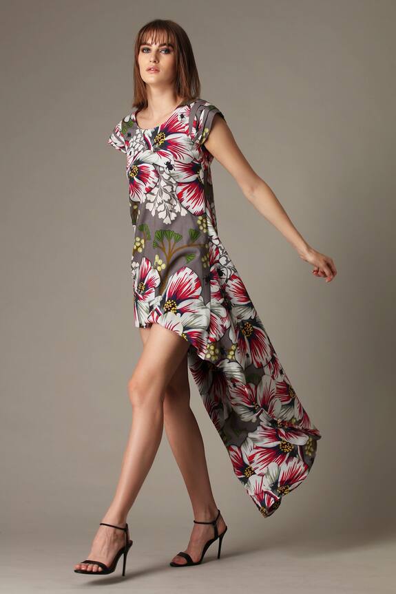 Alpona Designs Grey Cotton Floral Print High Low Dress 3
