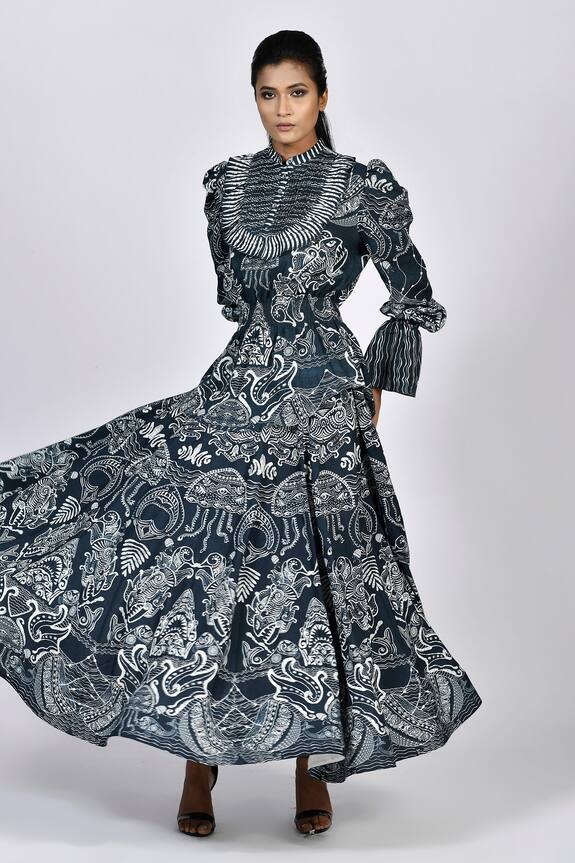 Alpona Designs_Blue Rayon Cotton Ocean Print Skirt_Online_at_Aza_Fashions