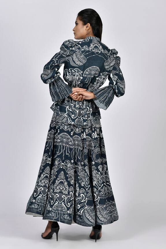 Shop_Alpona Designs_Blue Rayon Cotton Ocean Print Skirt_at_Aza_Fashions
