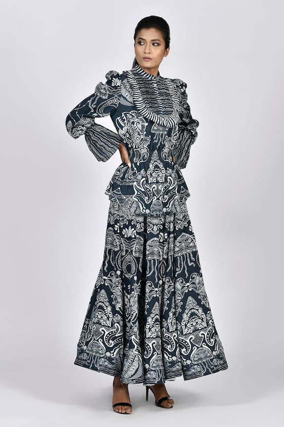 Buy_Alpona Designs_Blue Rayon Cotton Ocean Print Skirt_at_Aza_Fashions