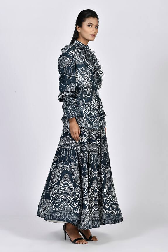 Buy_Alpona Designs_Blue Rayon Cotton Ocean Print Skirt_Online_at_Aza_Fashions