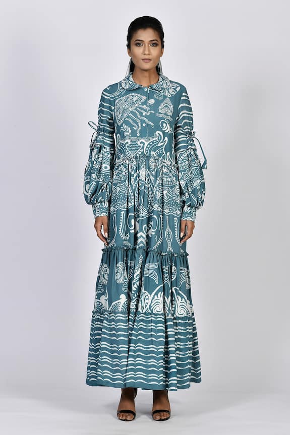 Alpona Designs Blue Rayon Cotton Ocean Print Puff Sleeve Dress 1