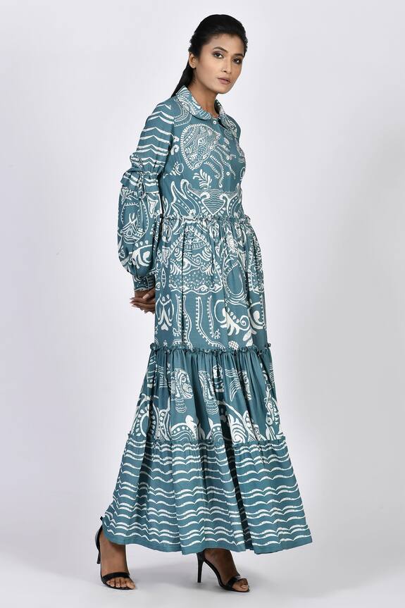 Alpona Designs Blue Rayon Cotton Ocean Print Puff Sleeve Dress 3