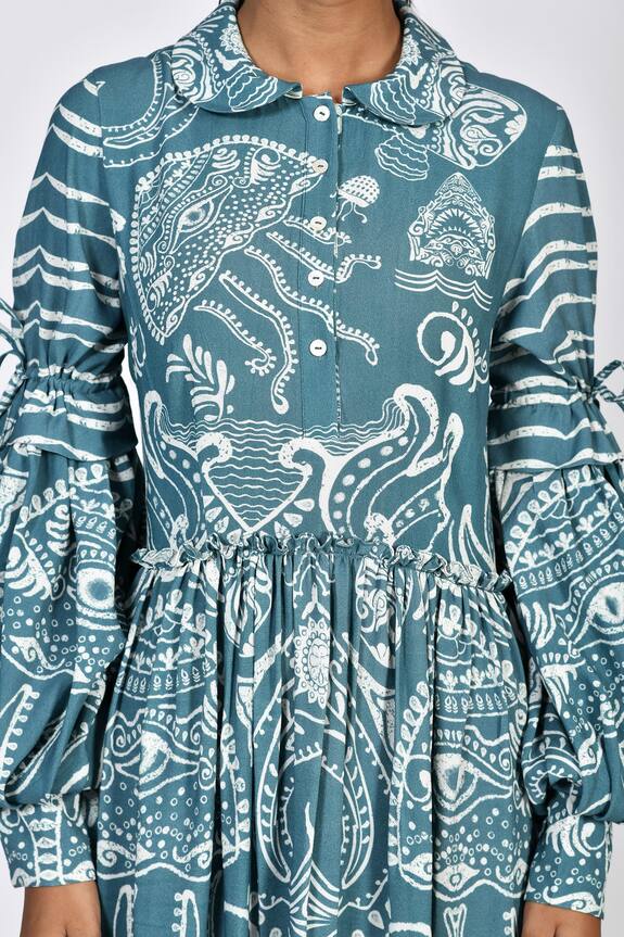 Alpona Designs Blue Rayon Cotton Ocean Print Puff Sleeve Dress 4