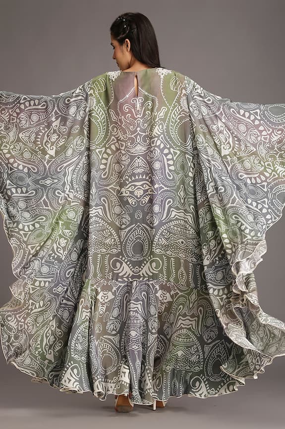 Alpona Designs Grey Natural Crepe Ocean Print Kaftan Dress 2