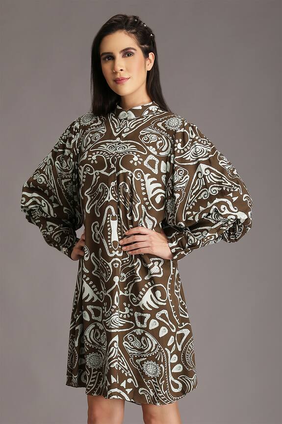 Alpona Designs Green Rayon Cotton Ocean Print Puff Sleeve Dress 4