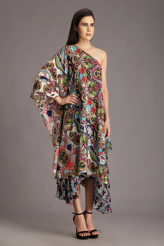 Alpona Designs Multi Color Natural Crepe Printed One Shoulder Dress 1