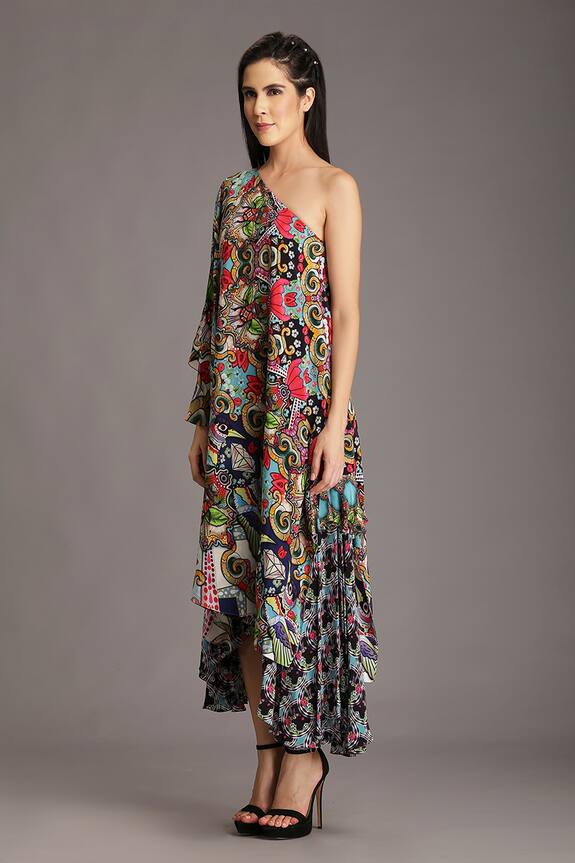 Alpona Designs Multi Color Natural Crepe Printed One Shoulder Dress 3