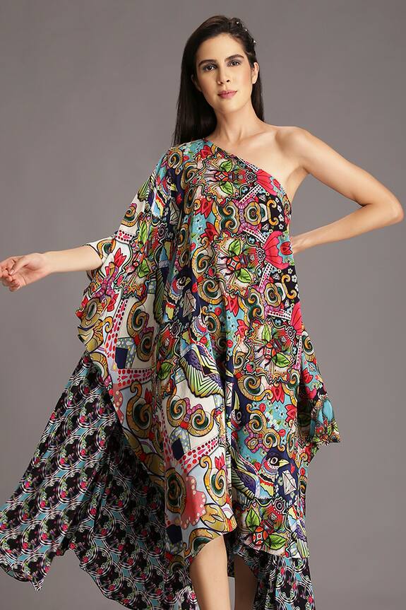Alpona Designs Multi Color Natural Crepe Printed One Shoulder Dress 4