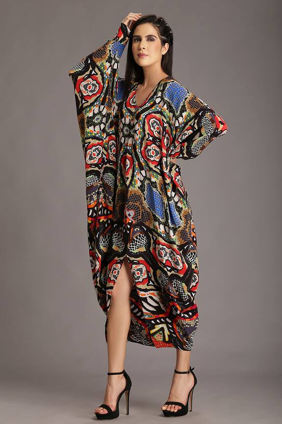 Alpona Designs Multi Color Natural Crepe Snake Print Flared Sleeve Dress 3
