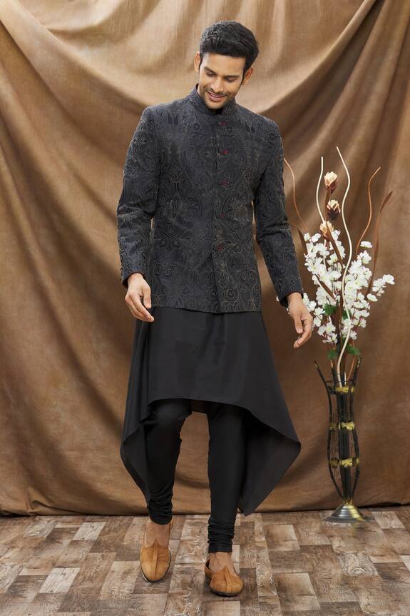 Vivek Karunakaran Black Poly Raw Silk Floral Embroidered Bandhgala 0