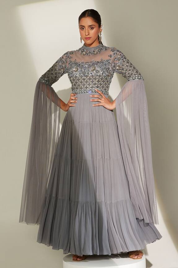 Amitabh Malhotra Grey Georgette Floral Embroidered Draped Sleeve Gown 1