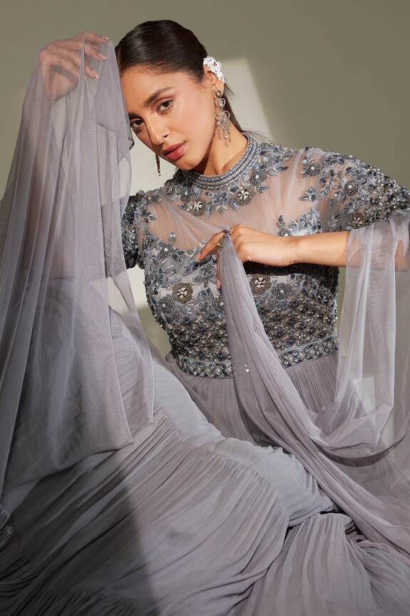 Amitabh Malhotra Grey Georgette Floral Embroidered Draped Sleeve Gown 5