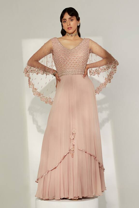 Amitabh Malhotra Peach Georgette Embroidered Cape Back Gown 1