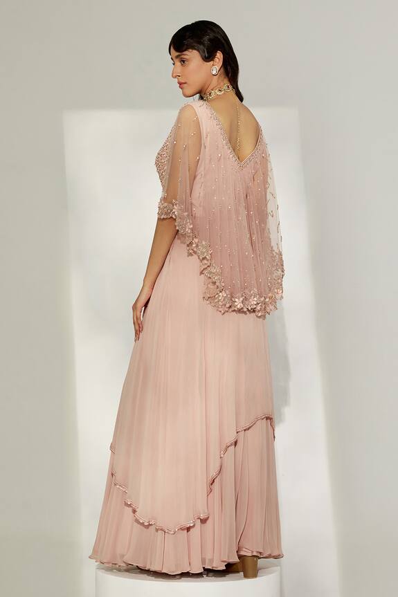 Amitabh Malhotra Peach Georgette Embroidered Cape Back Gown 2